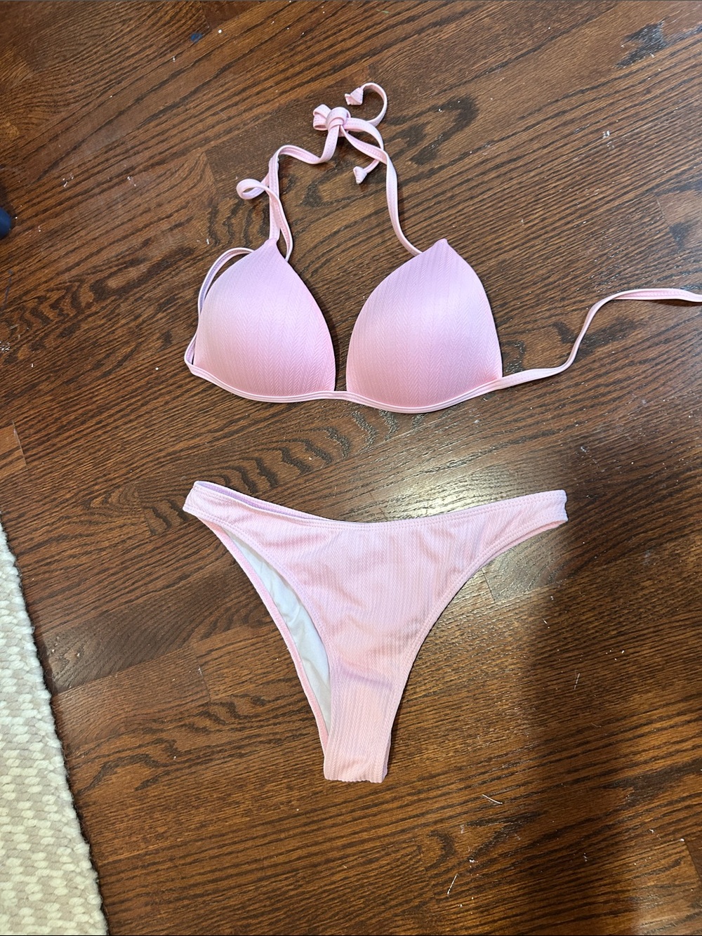 SHEIN Light Pink Ribbed Triangle Bikini Set